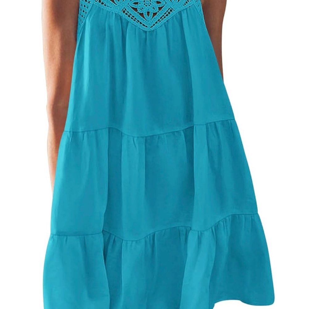 Crochet Yoke Sleeveless Summer Dress - Turquoise - Picture 3 of 4